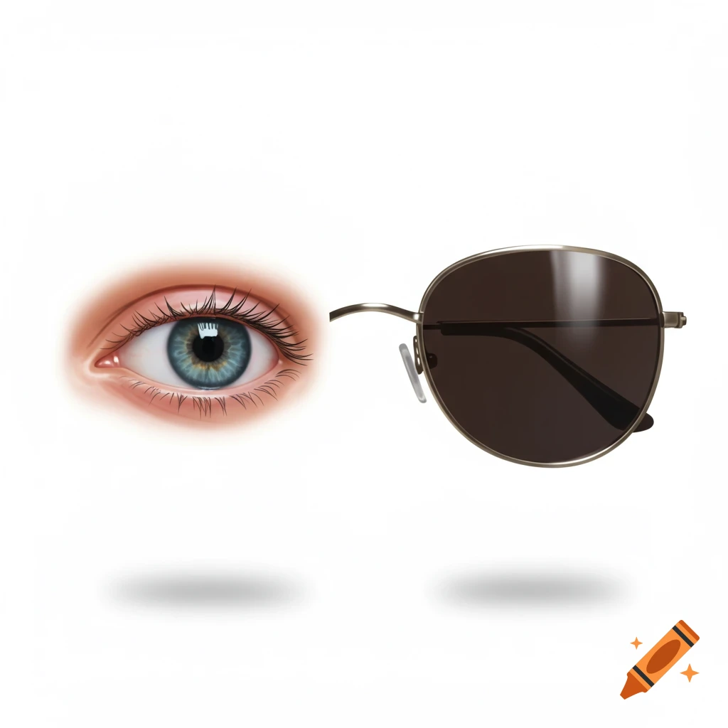 A surreal close-up of a blue eye next to a sunglass lens and frame on a white background.