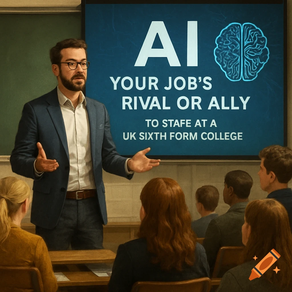 Teacher presents to students in a classroom with a screen showing 'AI: Your Job's Rival or Ally'.
