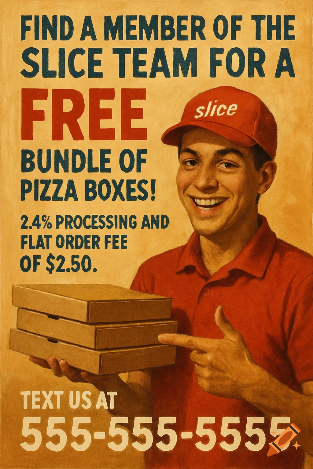 Vintage-style poster of a man in a red shirt and hat holding pizza boxes with promotional text.