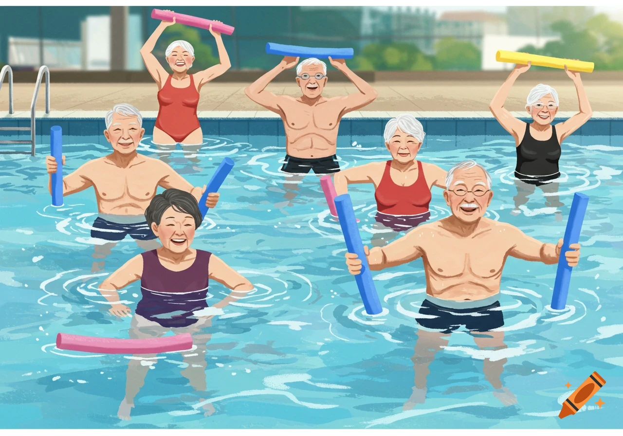 Elderly people exercising in a swimming pool with pool noodles in an illustration style.