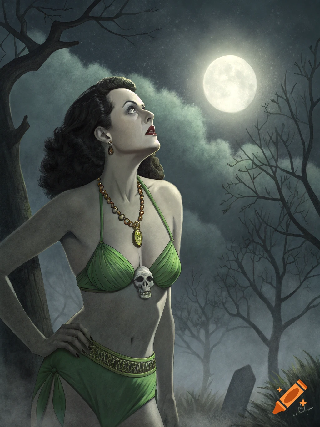 Pin-up illustration of a woman in a green bikini with a skull necklace looking at a full moon in a spooky forest.