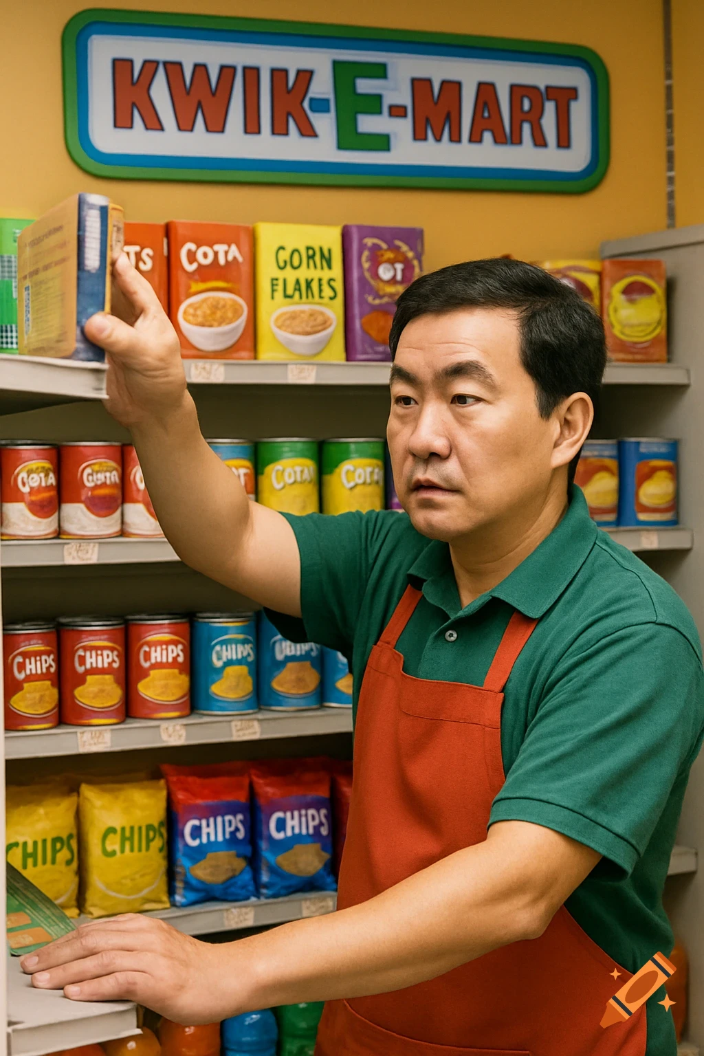 Asian man wearing a green shirt and red apron, stocking shelves in a Kwik-E-Mart style convenience store.