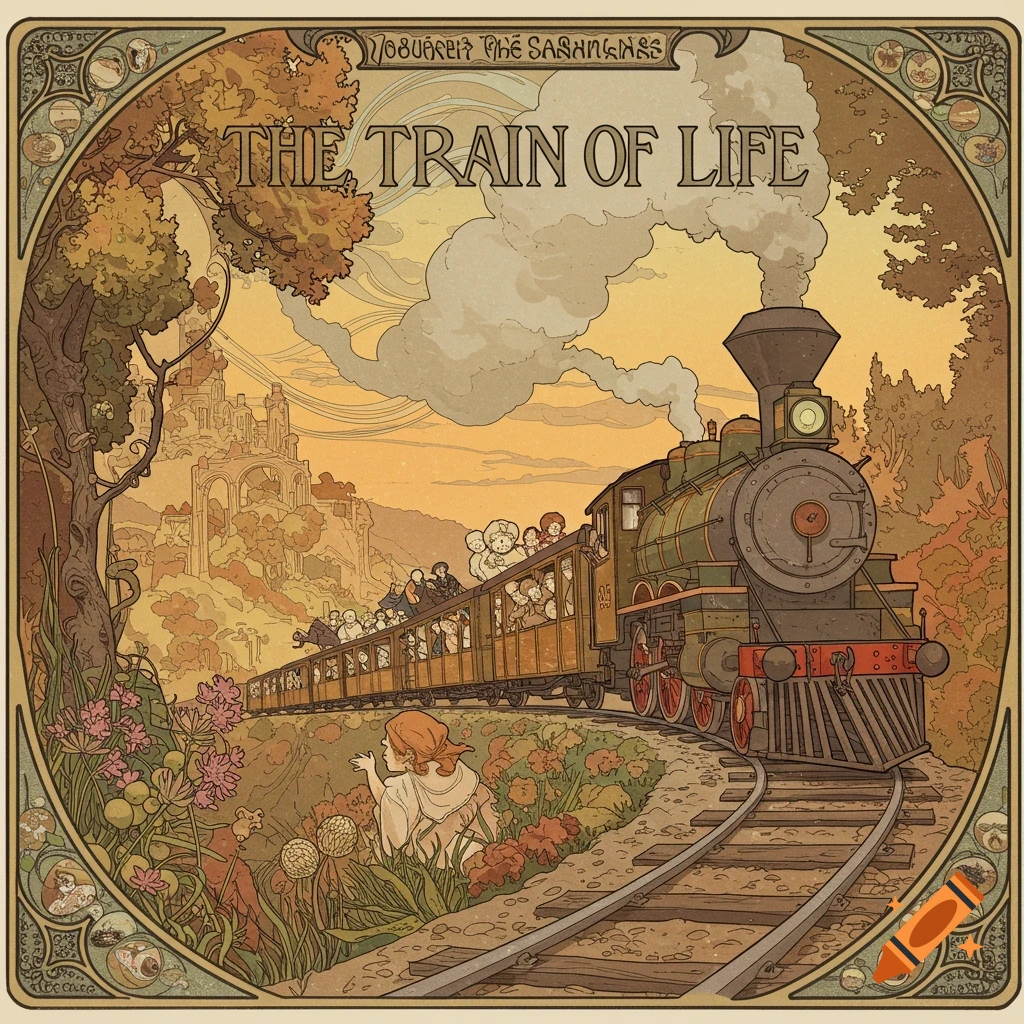 An Art Nouveau illustration of a steam train with passengers, rolling through a landscape with a castle.