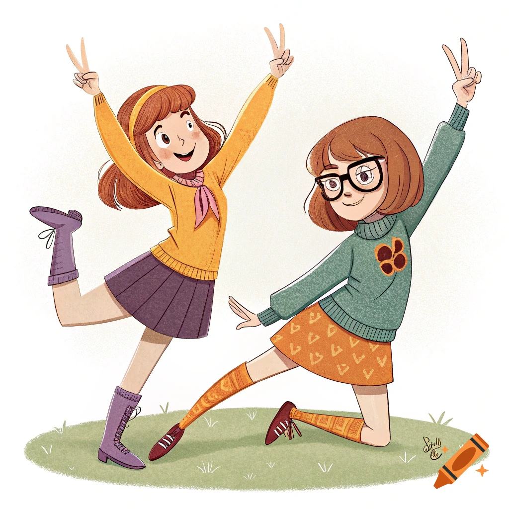 Cartoon illustration of two characters similar to Daphne and Velma posing with peace signs on a grassy background.