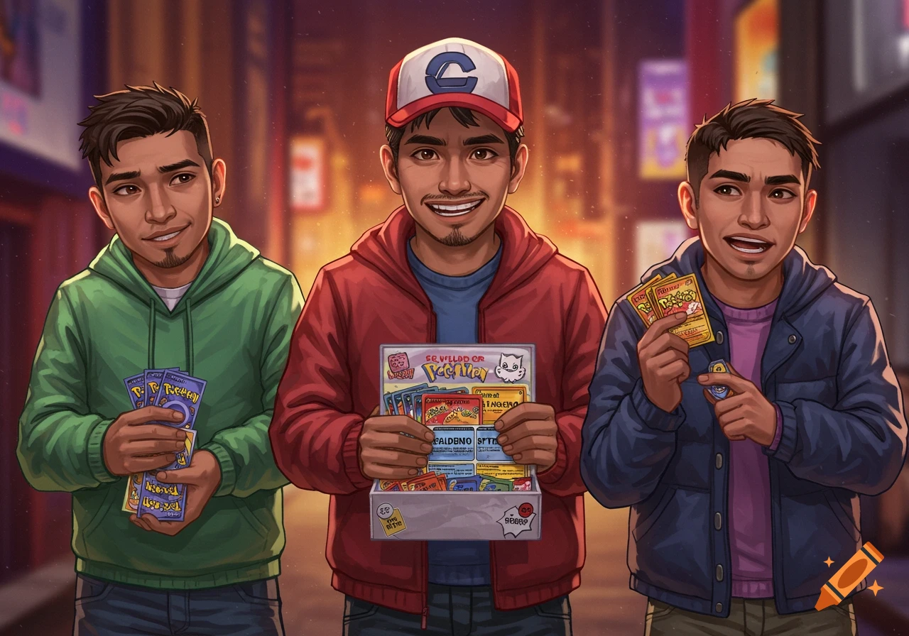 Three young men holding Pokemon cards and a box of cards, standing on a street, in a colorful illustration style.