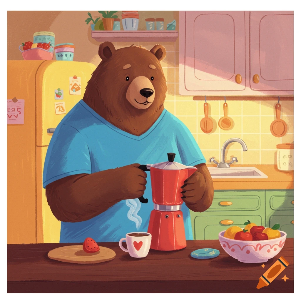 A cartoon bear in a blue t-shirt holds a red Moka pot in a kitchen with fruit.