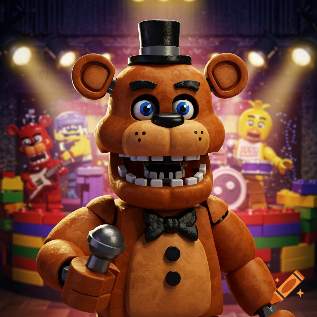 LEGO Freddy Fazbear holds a microphone on a stage with LEGO Chica and Foxy in the background, rendered in a 3D style.