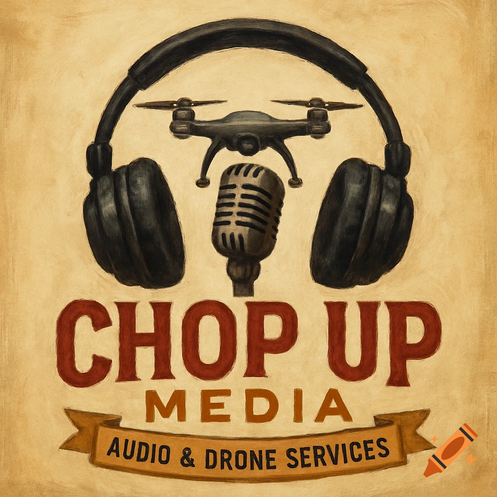 Logo with headphones, drone, microphone, and text 'Chop Up Media Audio & Drone Services'