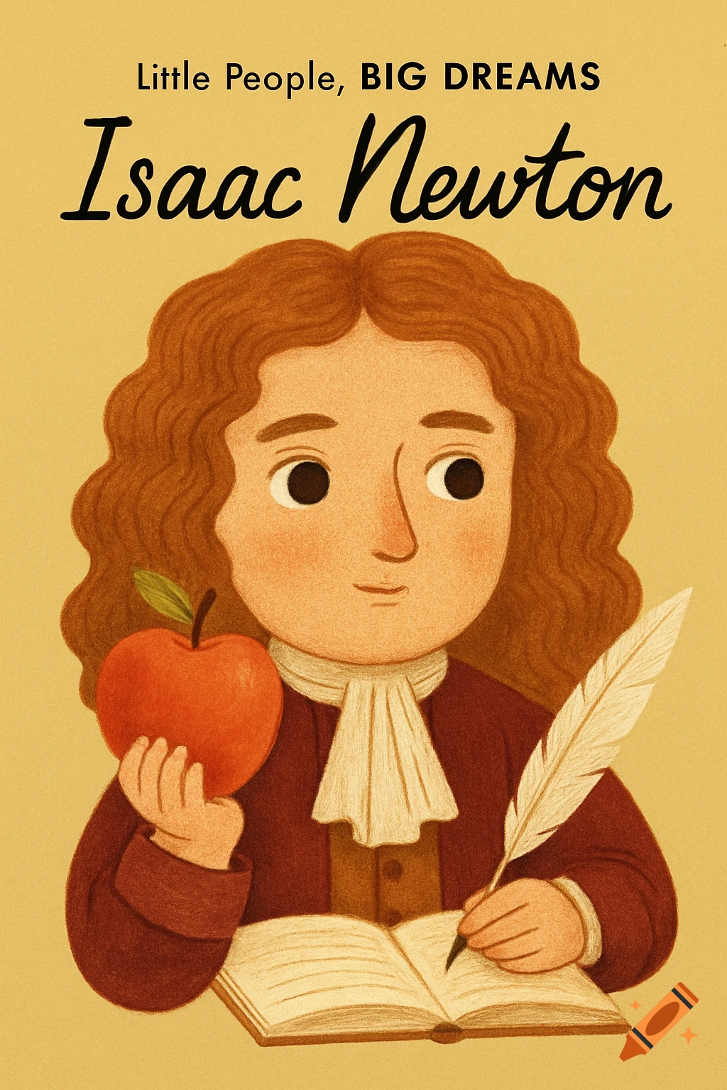 Cartoon illustration of Isaac Newton holding an apple and writing, with the text 'Little People, BIG DREAMS Isaac Newton'.