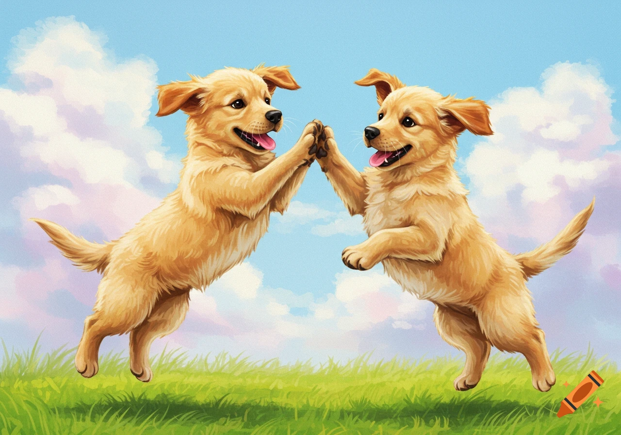Illustration of two happy golden retriever puppies jumping and high-fiving in a grassy field under a blue sky.