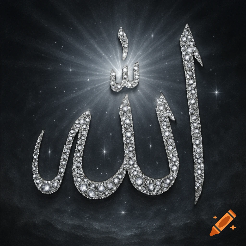 Arabic calligraphy of Allah made of shimmering diamonds against a dark, starry background with a central light burst.