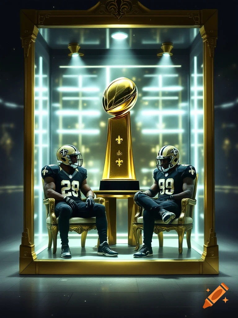 Two football players in Saints uniforms sit in gold chairs inside a display case with a large golden trophy.
