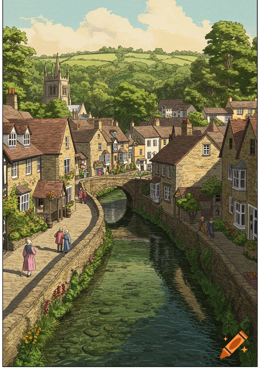 Detailed illustration of a village street alongside a river, with stone buildings, a bridge, people walking, and a church spire in the background.