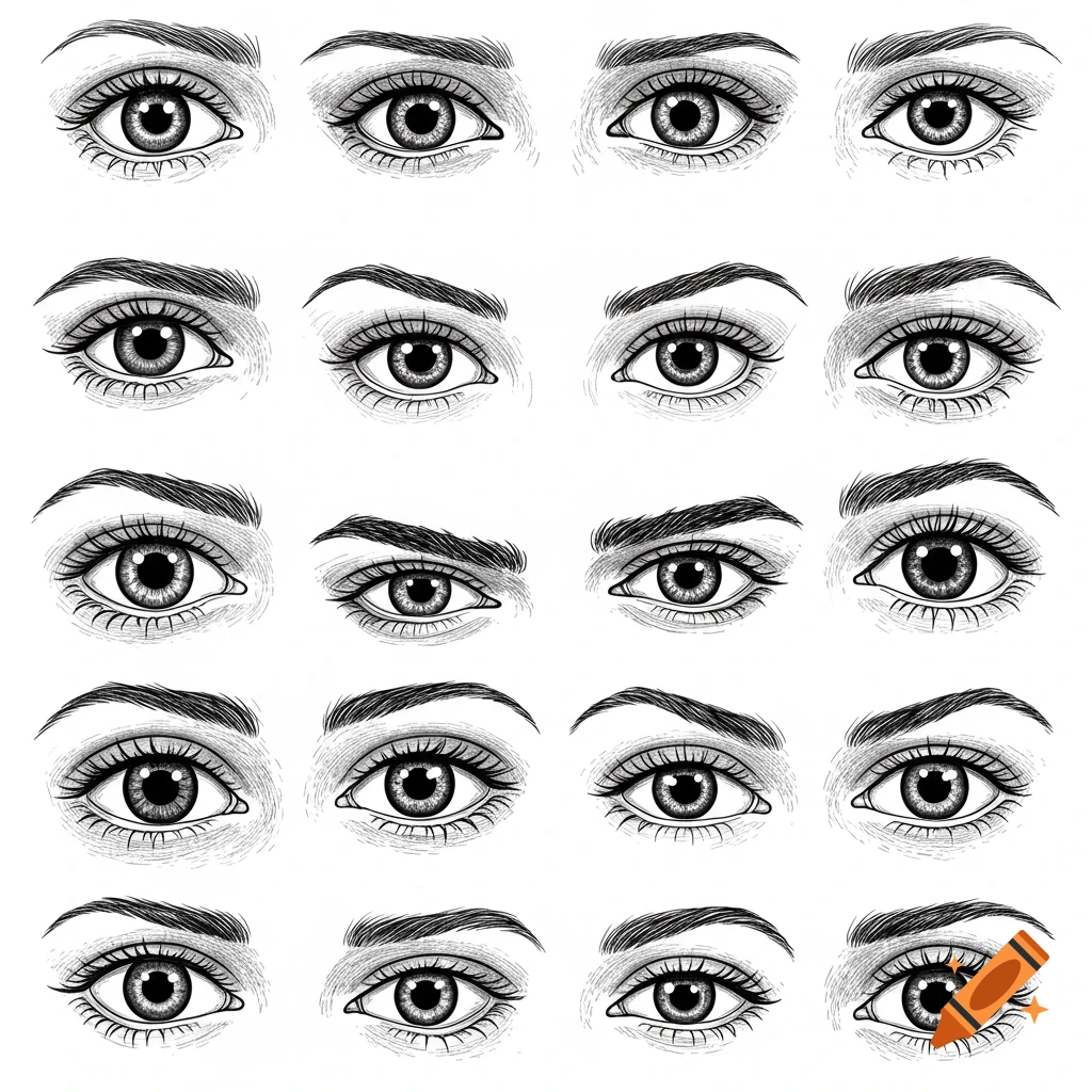 Black and white illustration grid of human eyes