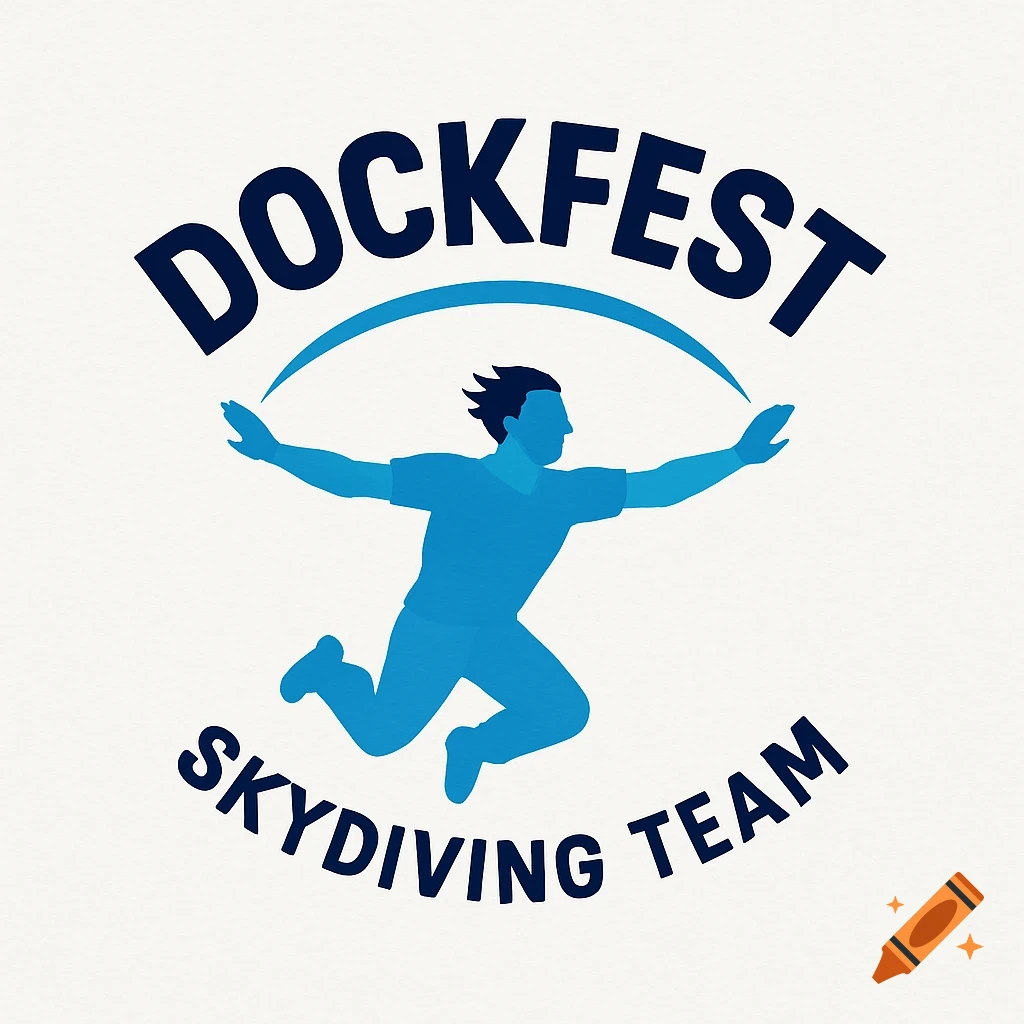 A logo of a stylized blue skydiver with the text 'Dockfest Skydiving Team'.