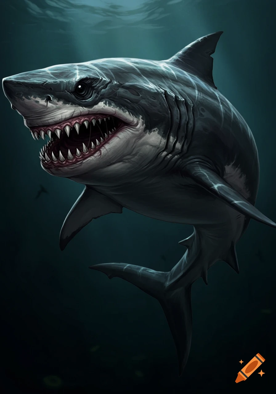 Illustration of a creepy shark with sharp teeth swimming in dark water.