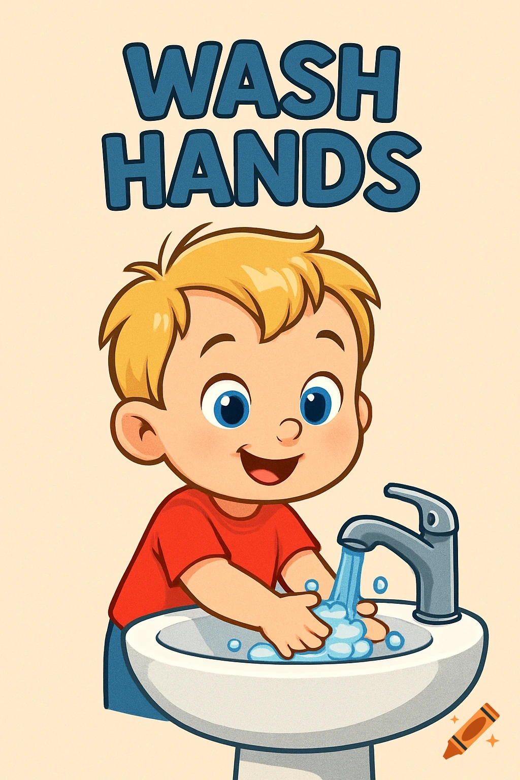 Cartoon boy washing hands at a sink with WASH HANDS text above