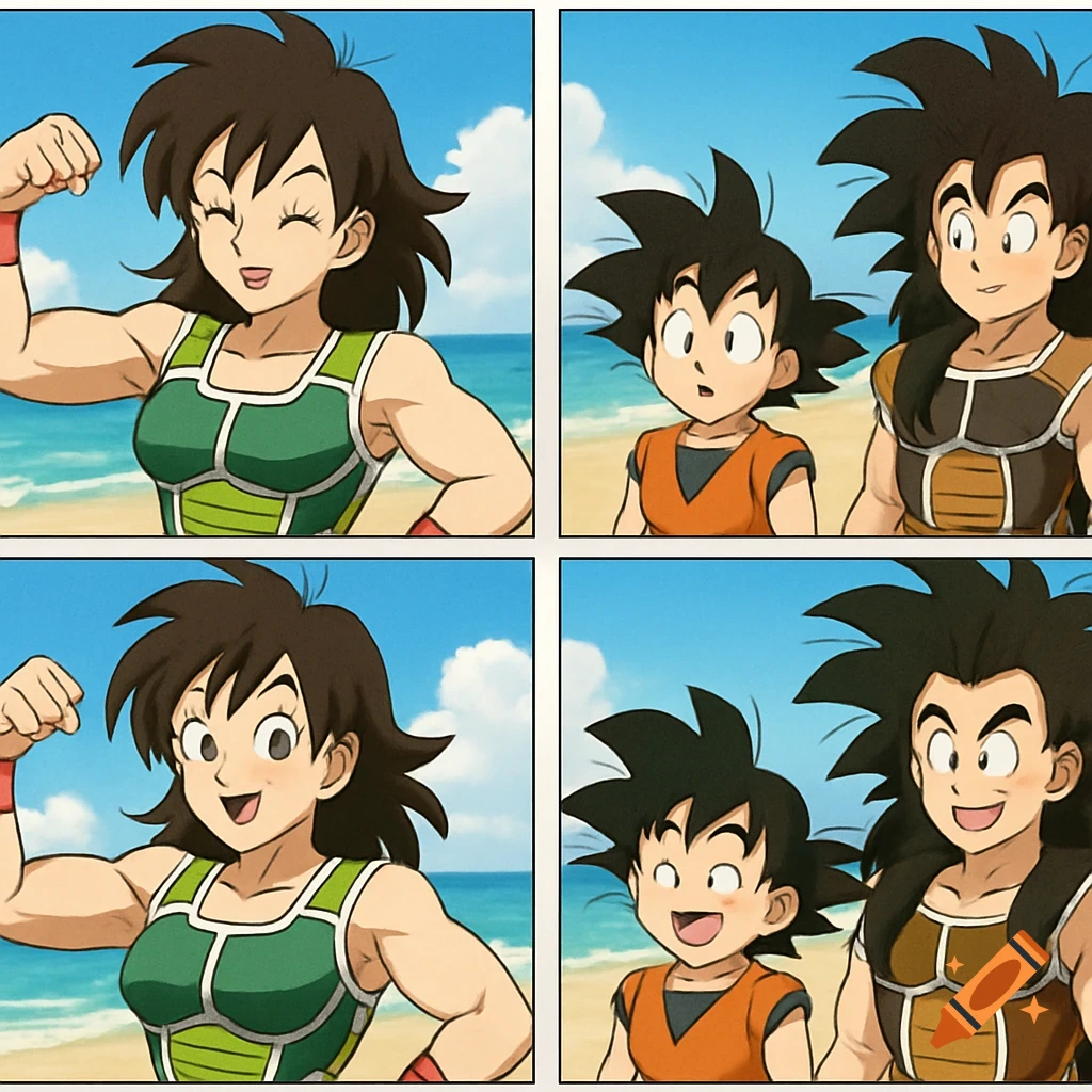 A four-panel anime comic strip showing a woman flexing at the beach, with two boys reacting in surprise and then happiness.