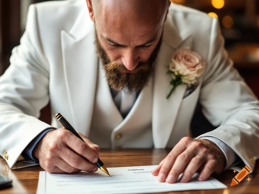Man in a white suit signing a document with a fountain pen