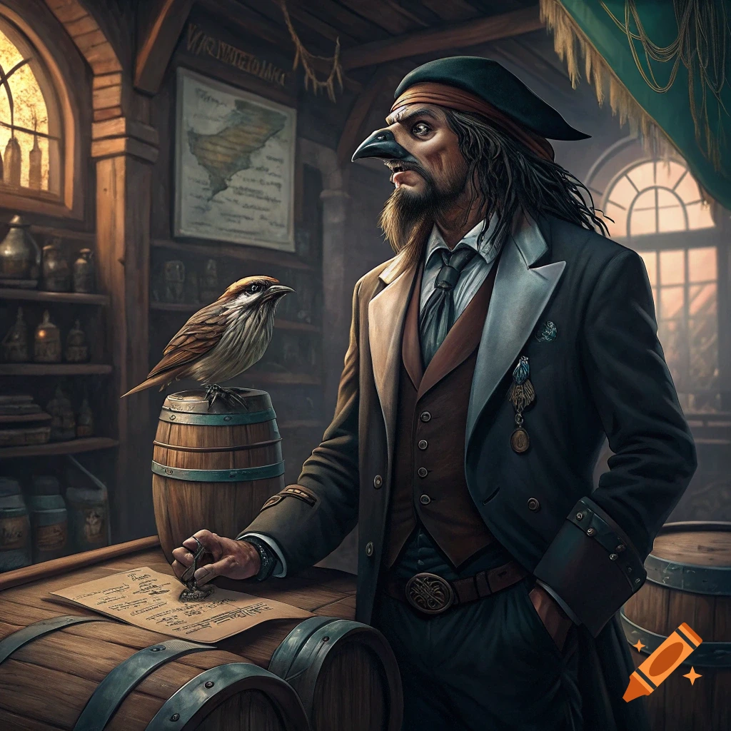 A man with a bird's beak nose, wearing a suit, stands beside a desk with a bird on a barrel in a room with a map.