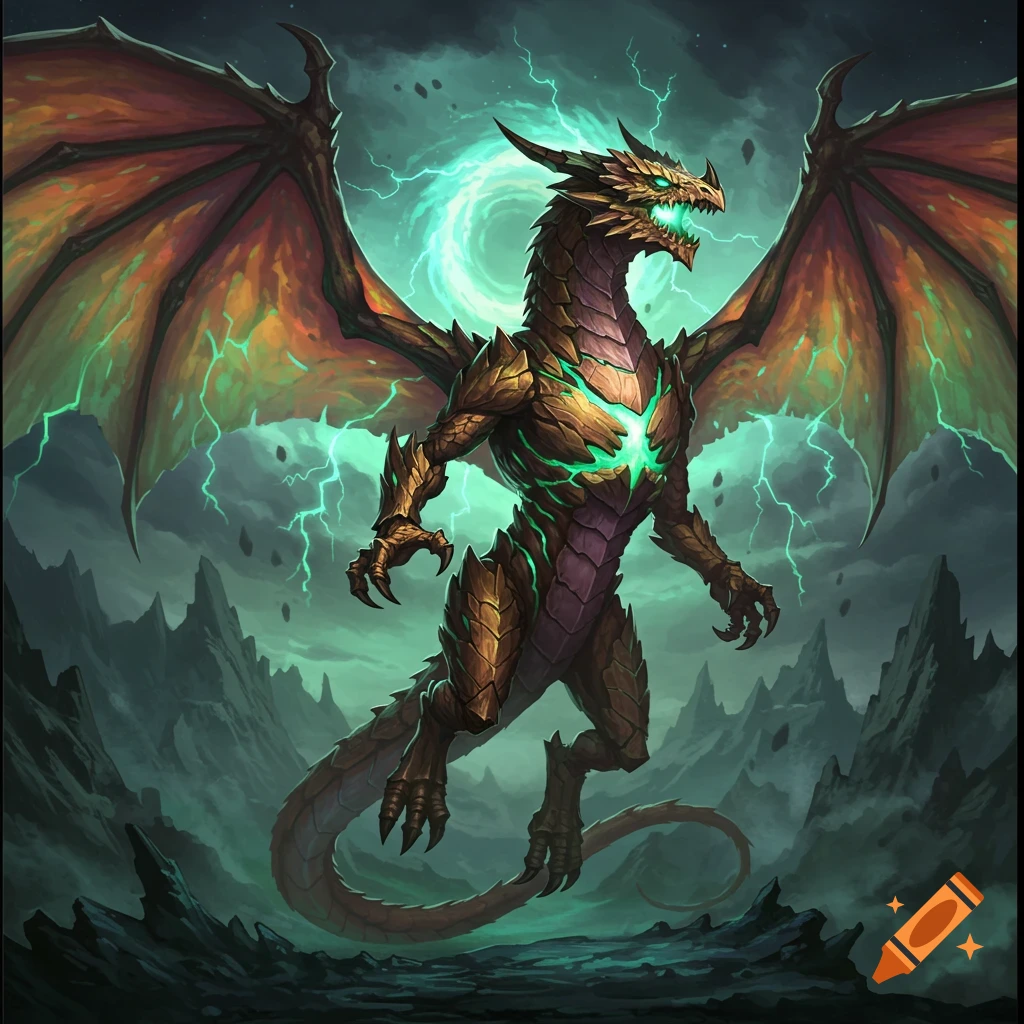 A golden dragon with glowing green energy and lightning stands on rocks in a misty landscape.