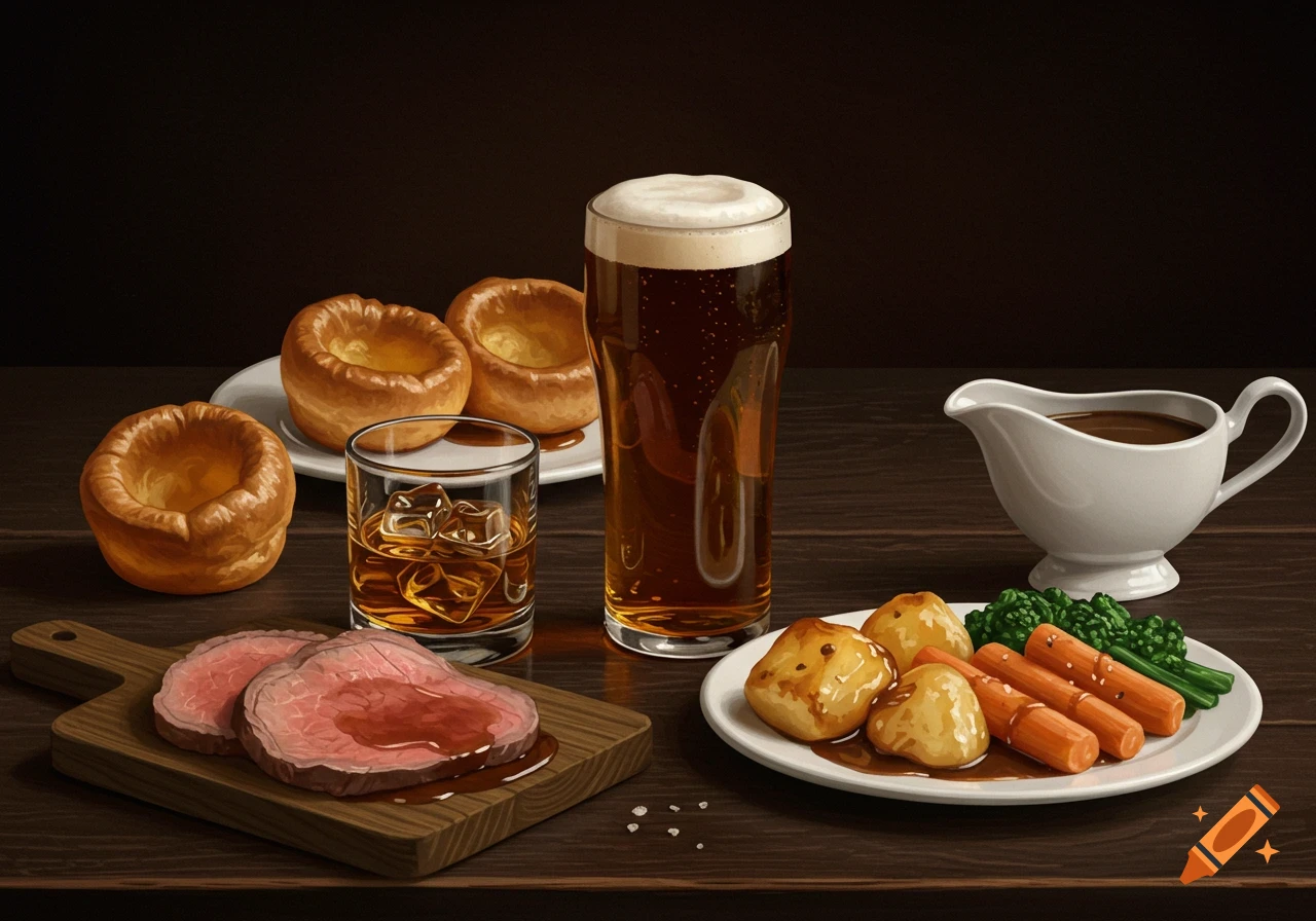 A Sunday roast with roast beef, Yorkshire puddings, vegetables, gravy, beer, and whisky on a wooden table.