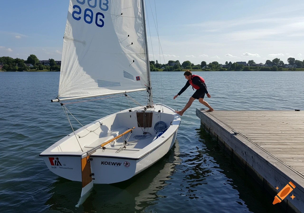 A person steps from a white sailing dinghy onto a wooden dock on a sunny day.