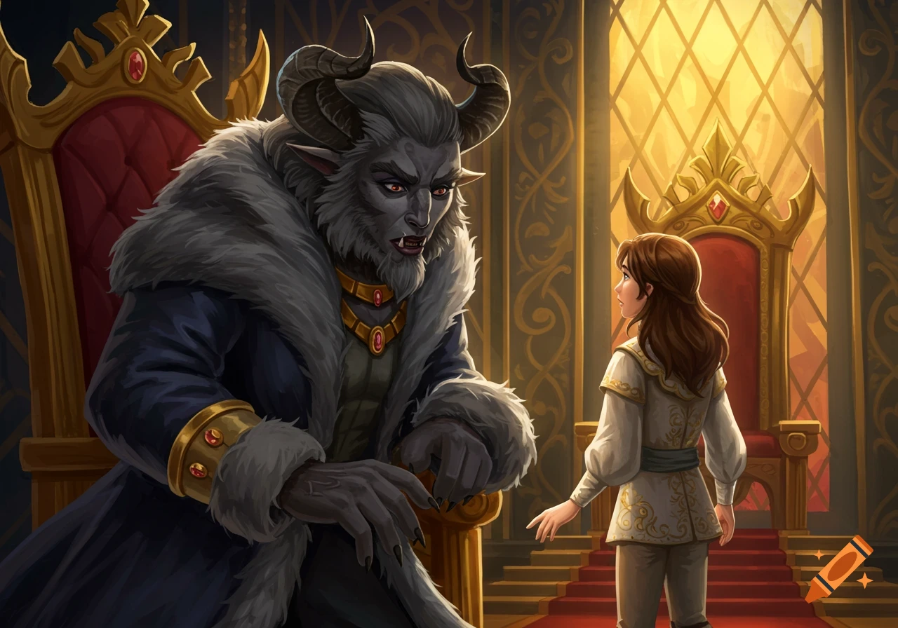 A large beast creature sits on a throne looking at a woman in a throne room.