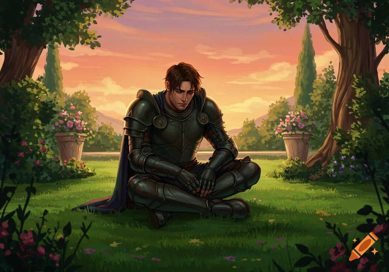 A knight in dark armor sits contemplating in a sunny garden at sunset.