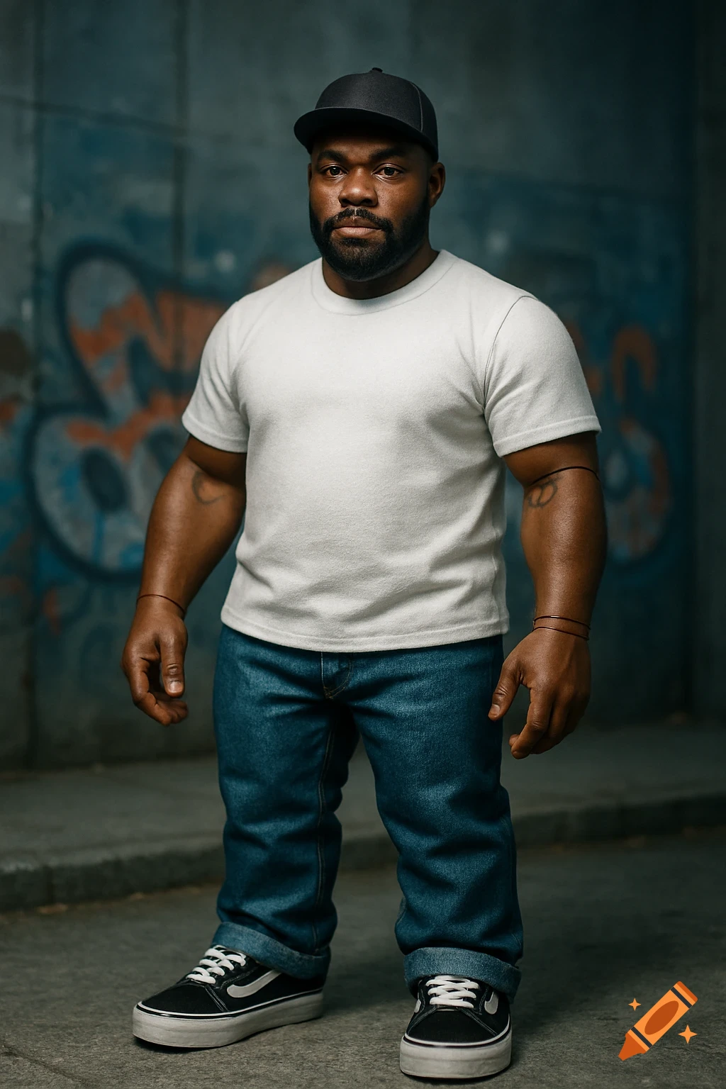 Stocky African American man styled as action figure, wearing cap, t-shirt, jeans, and Vans, stands in urban street.