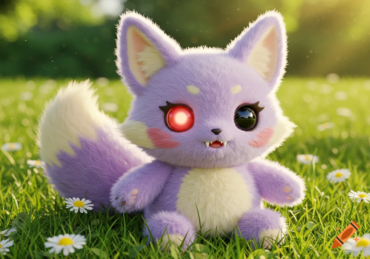 Fluffy purple fantasy creature with red and black eyes and fangs sitting in a sunny meadow with daisies.