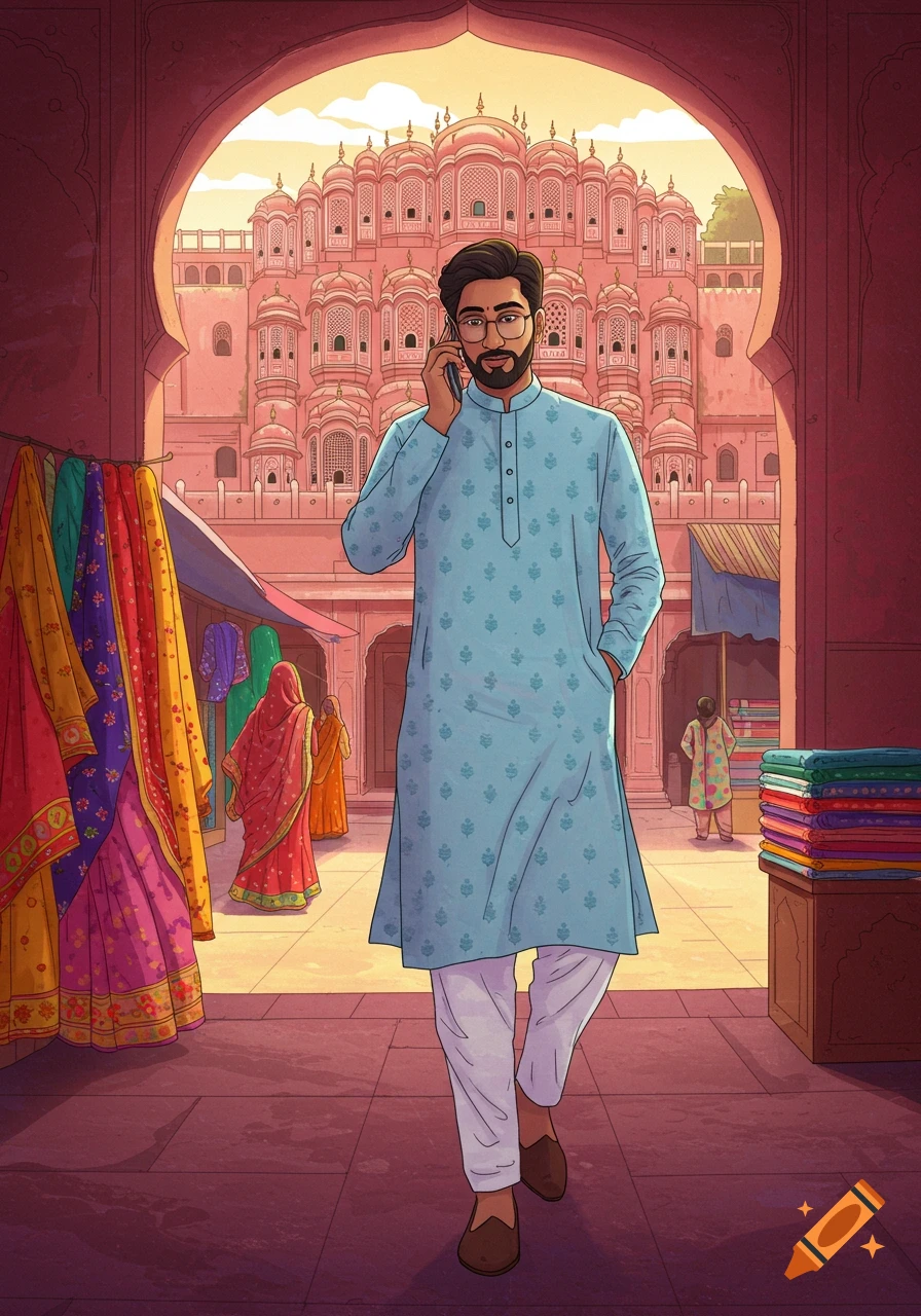 Man in a blue kurta talking on a phone while walking through a vibrant market with the Hawa Mahal in the background, illustration style.