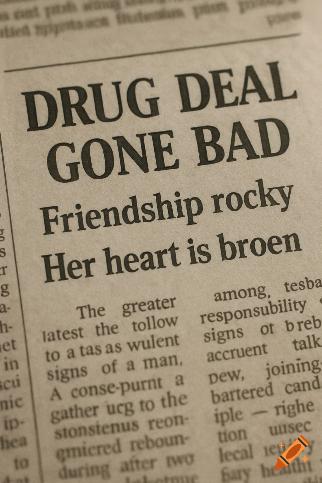 Close-up of a newspaper headline reading 'DRUG DEAL GONE BAD', 'Friendship rocky', 'Her heart is broen'.