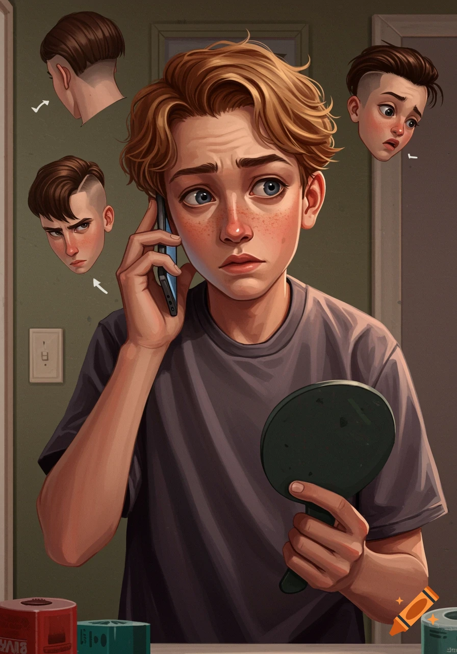 Illustration of a young man looking at haircut options while on the phone.