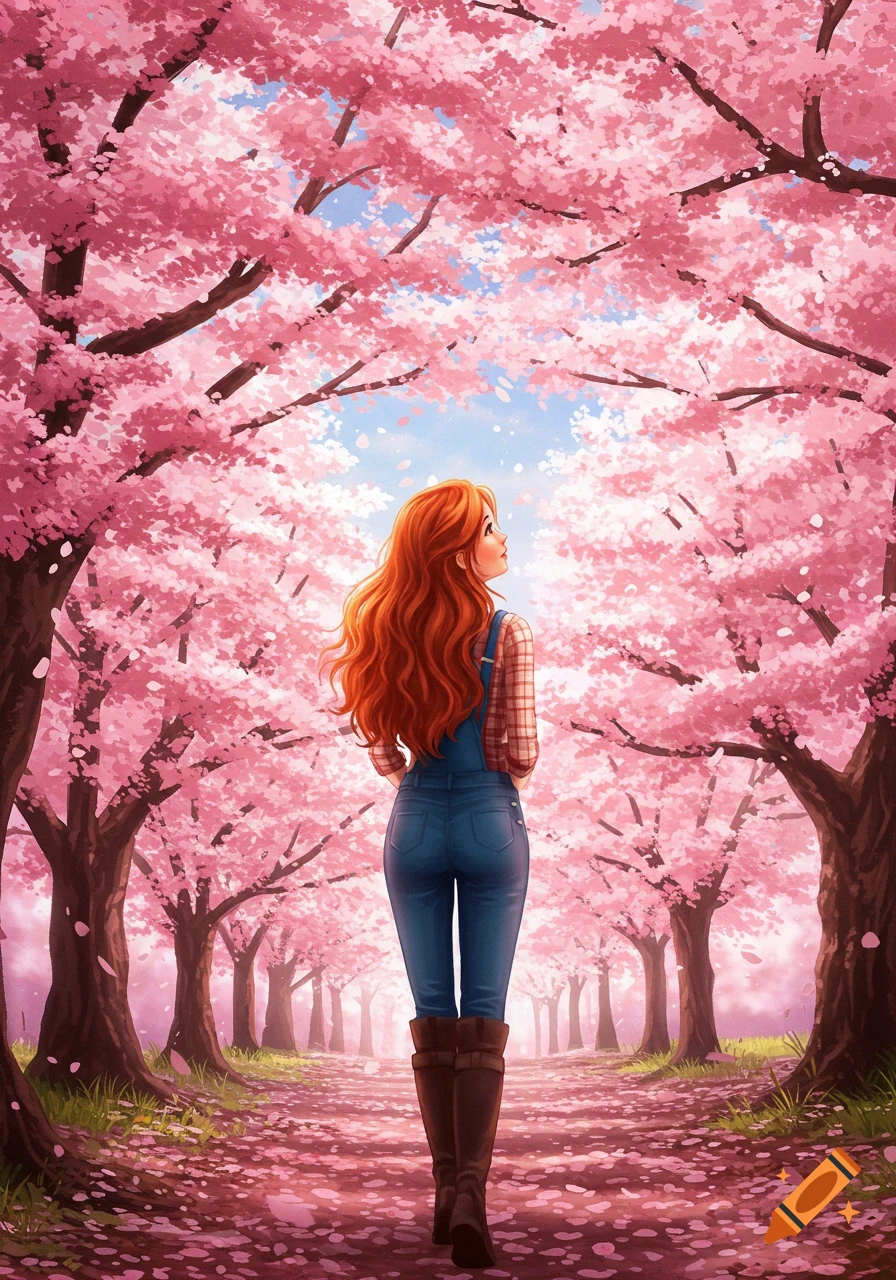Anime style illustration of a red-haired woman in overalls and boots walking through a path in a cherry blossom grove