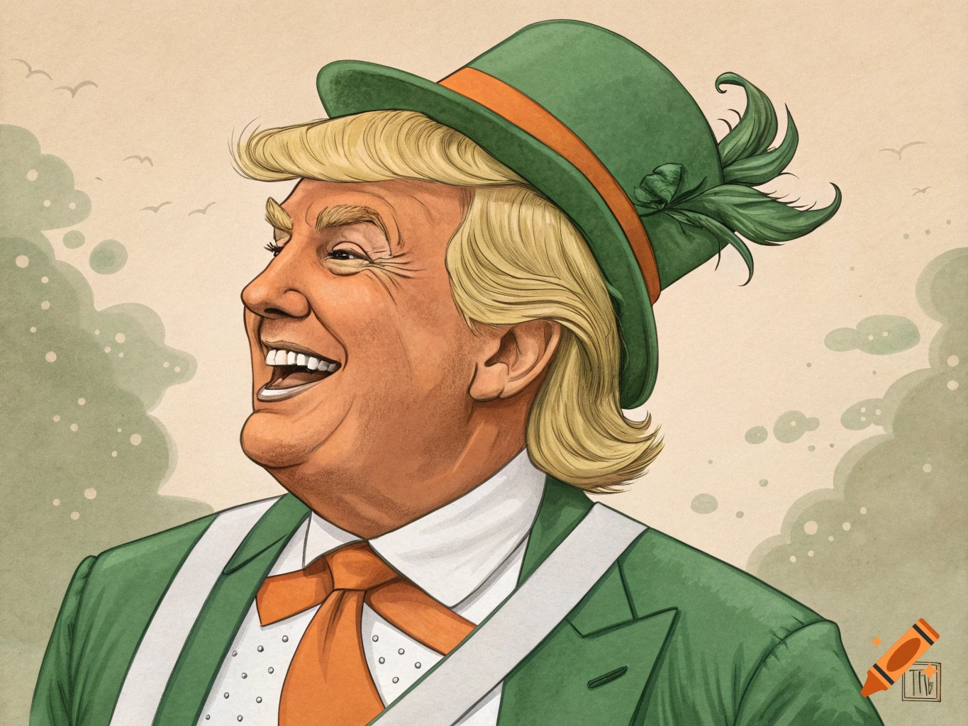Caricature illustration of Donald Trump wearing a green top hat, jacket, and suspenders, smiling.