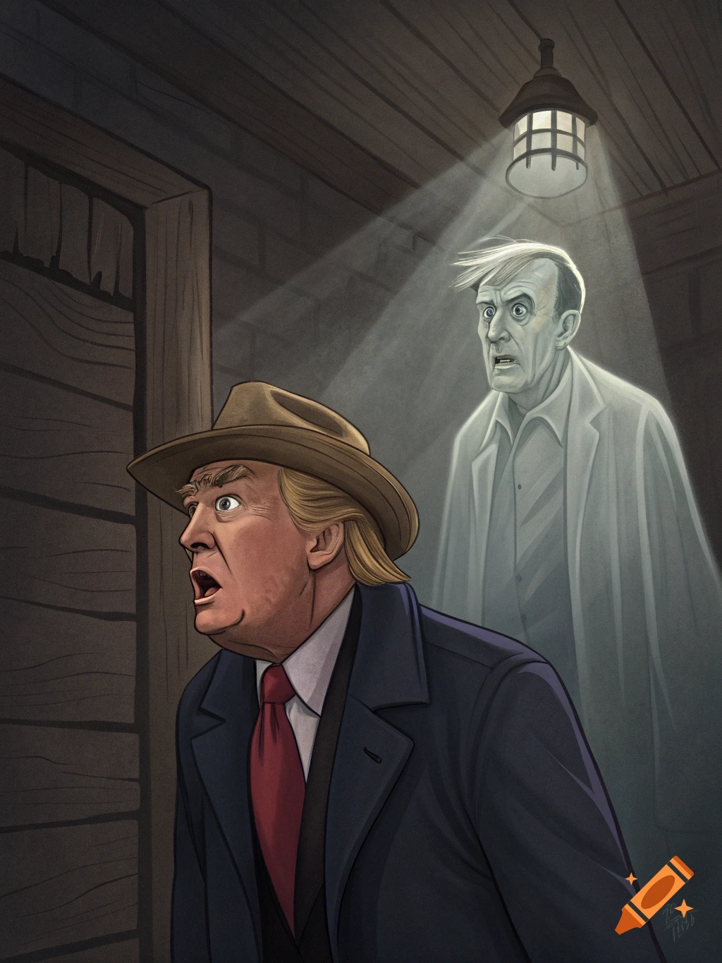 Illustration of Donald Trump looking scared by a ghost in a dark room.
