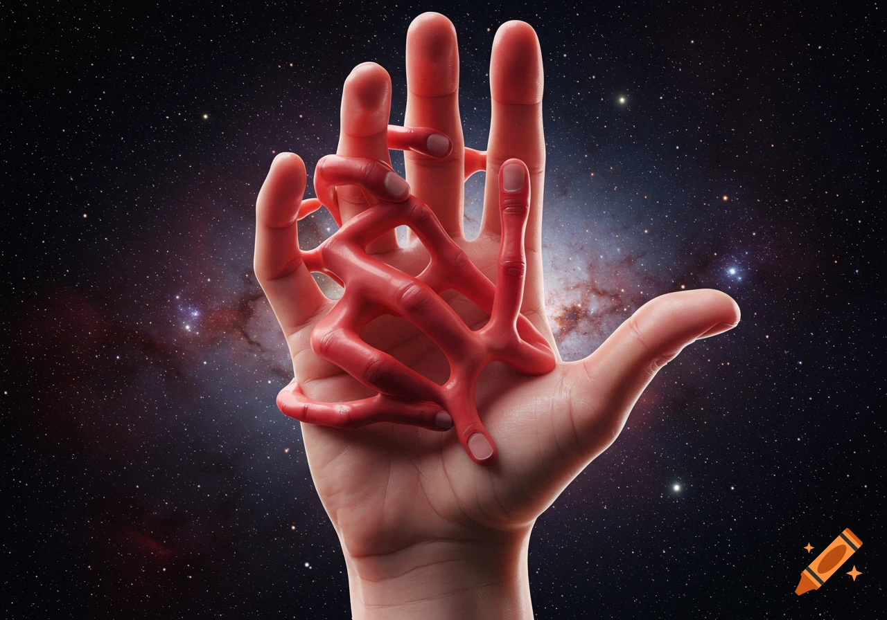 A human hand with red finger-like growths intertwining against a starry space background.