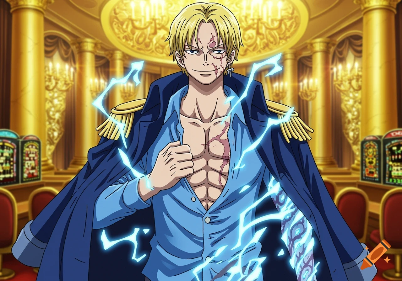 Anime character with blond hair, scars, and blue lightning in a golden casino.