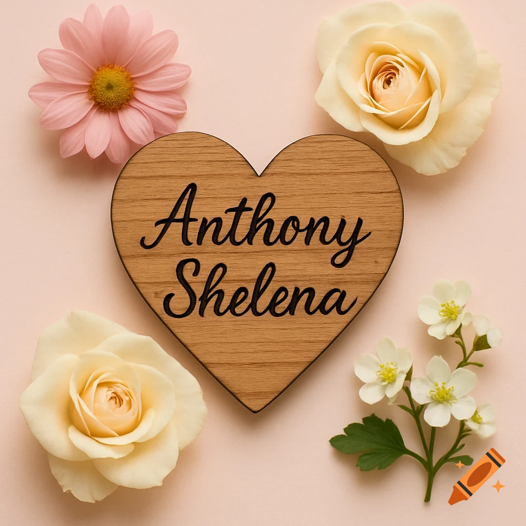 A wooden heart with the names Anthony and Shelena, surrounded by pink and cream flowers on a pink background.