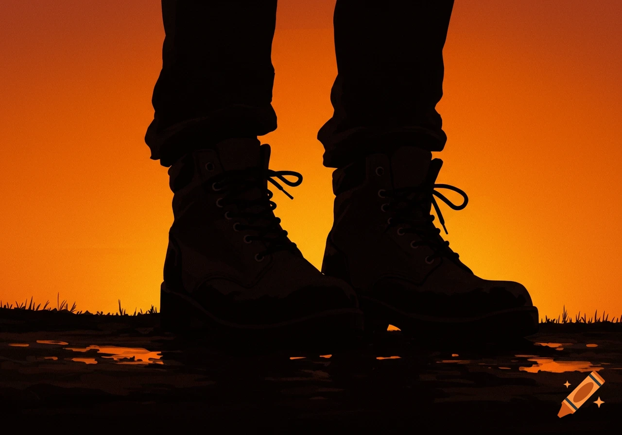 Silhouette of boots on muddy ground against an orange sunset