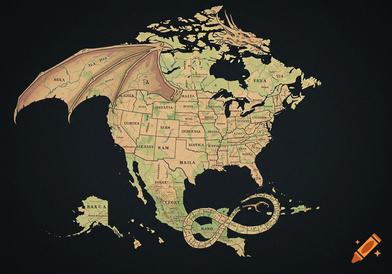 Stylized map of North America shaped like a dragon with wings over Canada, head in the northeast, and tail near Mexico.
