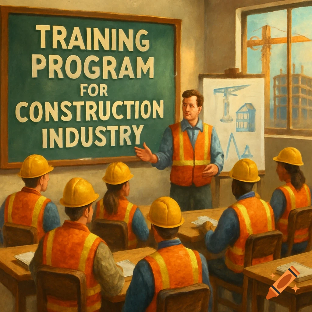 Painting of an instructor teaching a construction training class with a chalkboard