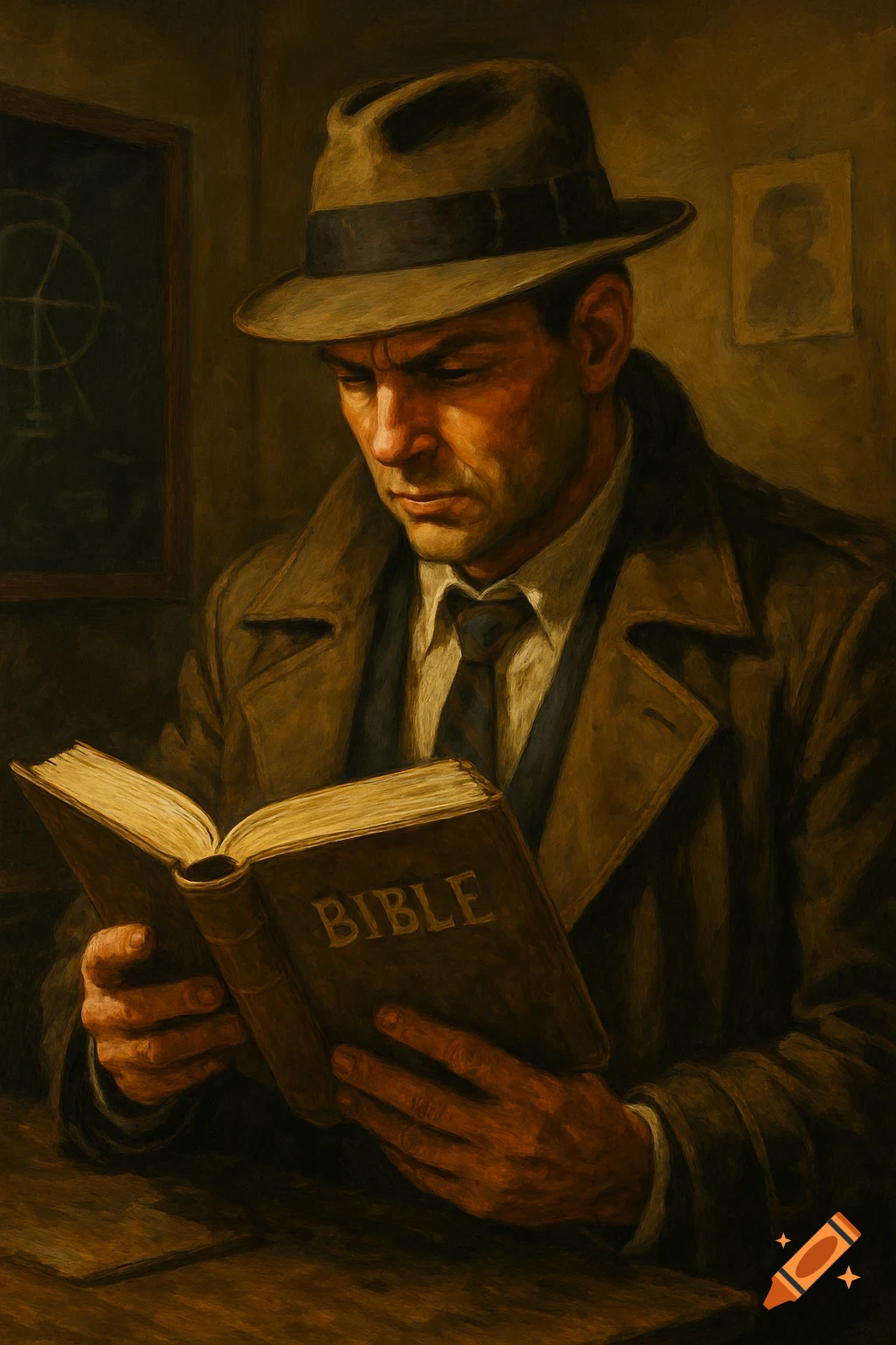 Man in trench coat and fedora reading a bible, oil painting