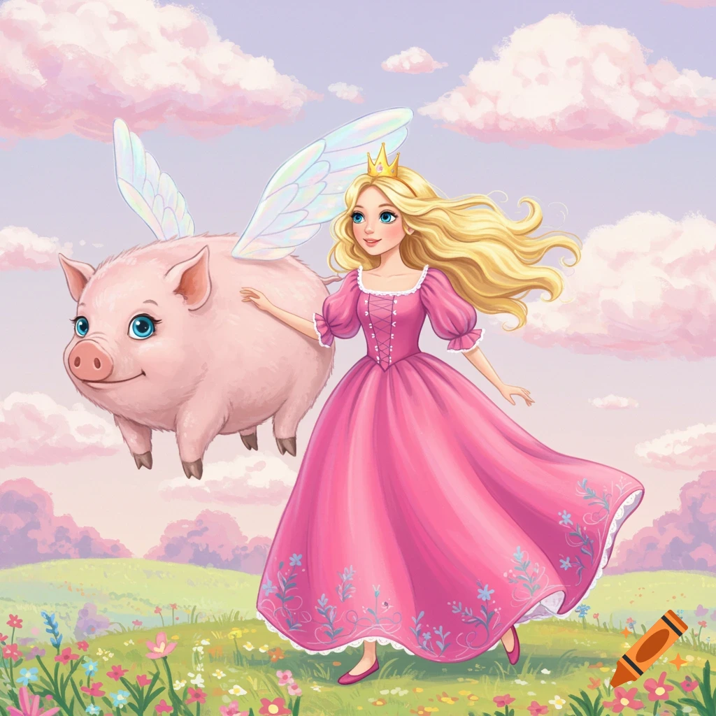 A cartoon illustration of a blonde princess in a pink dress walking with a large pink flying pig over a field of flowers under a cloudy sky.