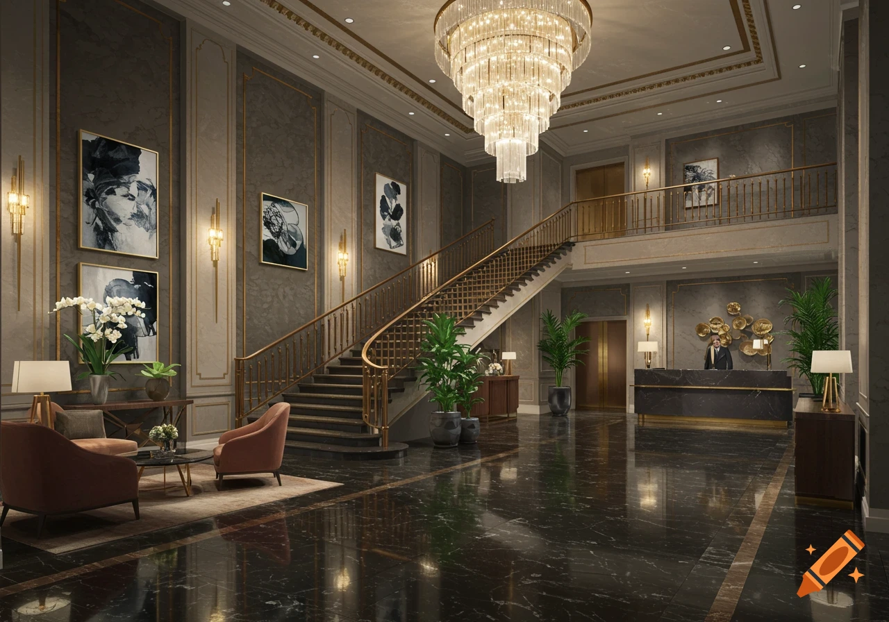 A grand and luxurious hotel lobby with a sweeping staircase, large chandelier, marble floors, reception desk, and seating area.