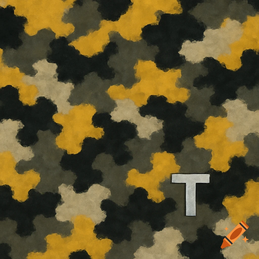 A camouflage pattern texture in shades of yellow, black, grey, and beige with a silver letter T.