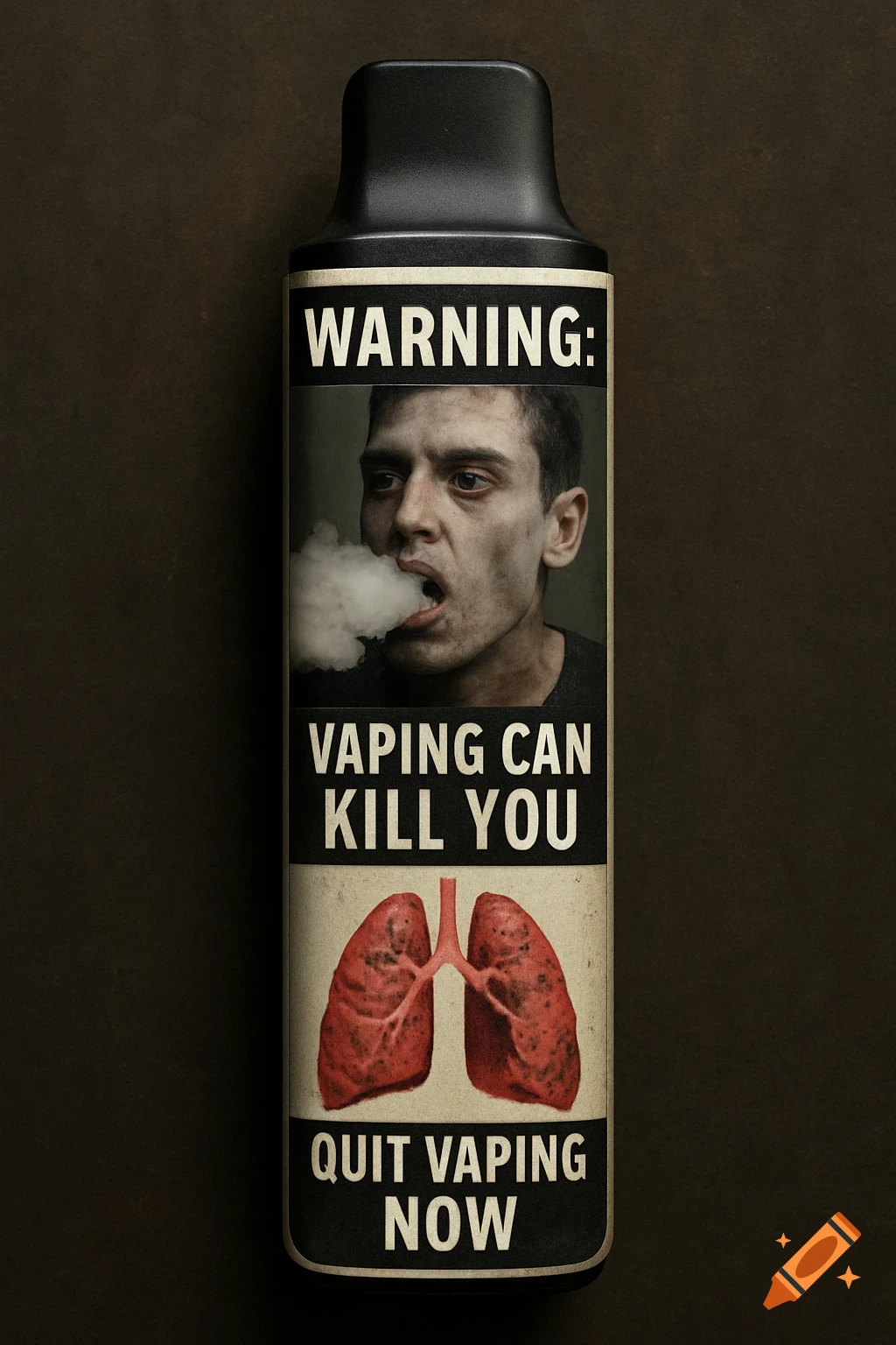 Vape device with anti-vaping warning label showing man vaping and diseased lungs