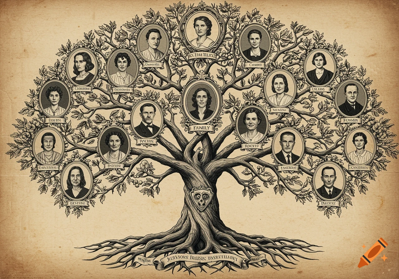 A black and white sketch of a family tree with portraits in oval frames on the branches and illegible names below them. A banner at the base also has illegible text.