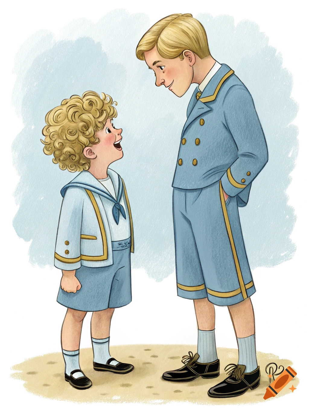 Two blonde boys in blue and white Edwardian sailor outfits stand facing each other on sand, in an illustration style.